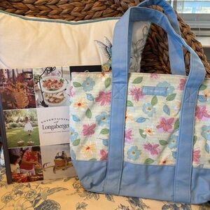 Longaberger Tote Bag Purse Blue Floral Canvas w Entertaining Hard Cover Book